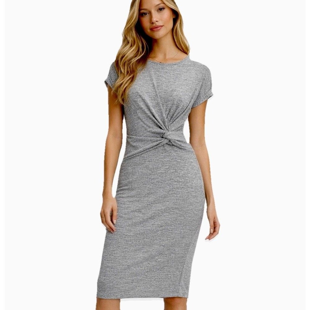 Gap Womens Small Gray Knit Midi Dress Twist Front Short Sleeve Sheath